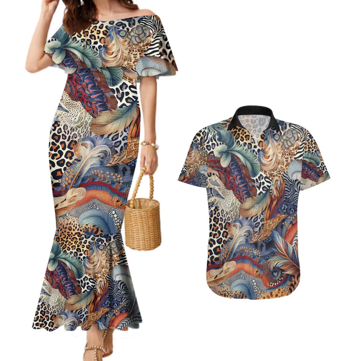 Wild Animal Skins Couples Matching Mermaid Dress and Hawaiian Shirt Unique Leopard Zebra And Snake Patterns - Wonder Print Shop
