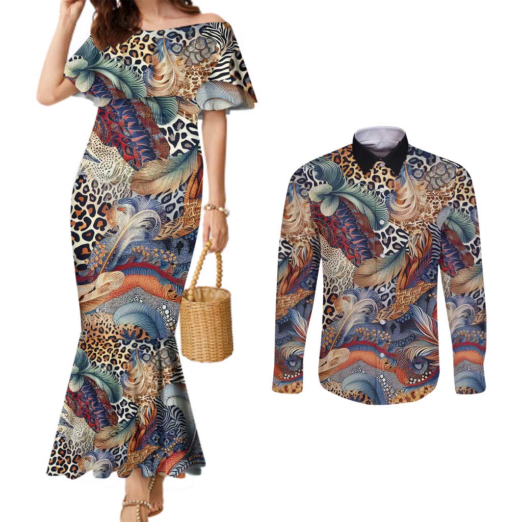 Wild Animal Skins Couples Matching Mermaid Dress and Long Sleeve Button Shirt Unique Leopard Zebra And Snake Patterns - Wonder Print Shop