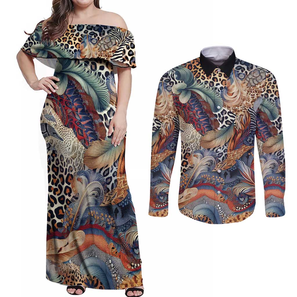 Wild Animal Skins Couples Matching Off Shoulder Maxi Dress and Long Sleeve Button Shirt Unique Leopard Zebra And Snake Patterns - Wonder Print Shop