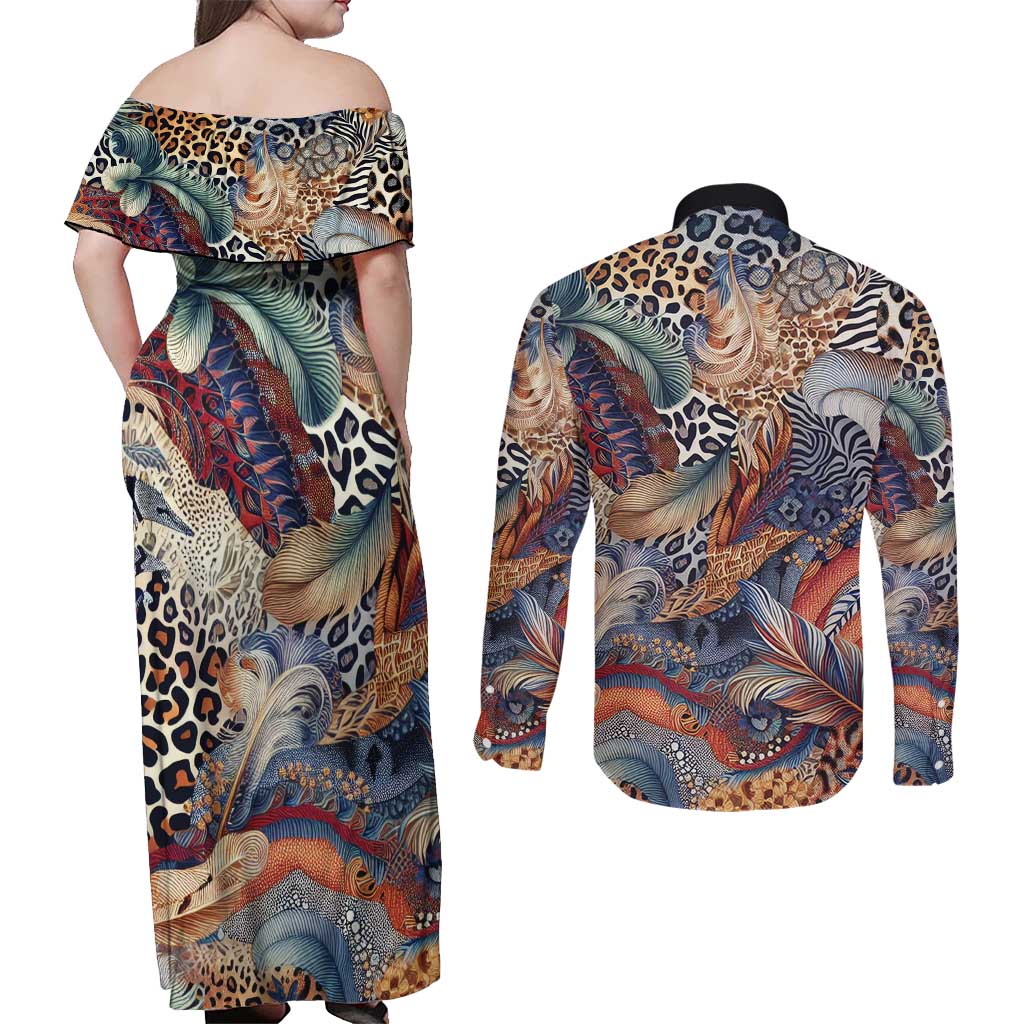 Wild Animal Skins Couples Matching Off Shoulder Maxi Dress and Long Sleeve Button Shirt Unique Leopard Zebra And Snake Patterns - Wonder Print Shop