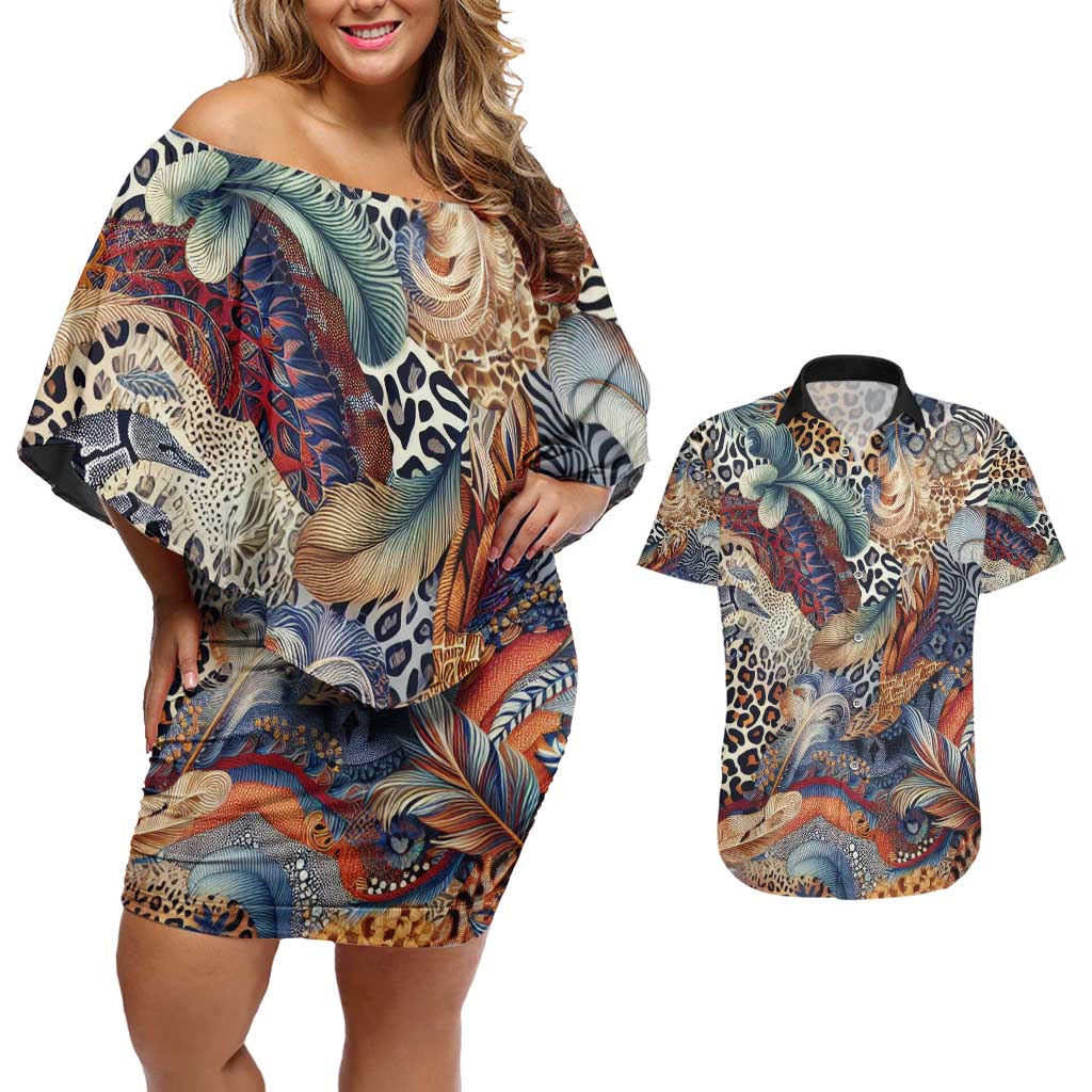 Wild Animal Skins Couples Matching Off Shoulder Short Dress and Hawaiian Shirt Unique Leopard Zebra And Snake Patterns - Wonder Print Shop