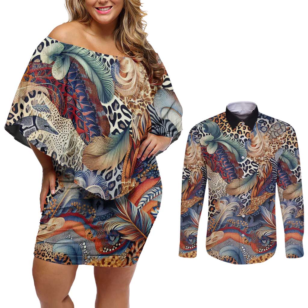 Wild Animal Skins Couples Matching Off Shoulder Short Dress and Long Sleeve Button Shirt Unique Leopard Zebra And Snake Patterns - Wonder Print Shop