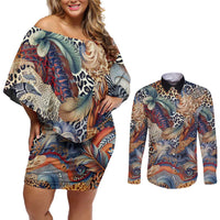 Wild Animal Skins Couples Matching Off Shoulder Short Dress and Long Sleeve Button Shirt Unique Leopard Zebra And Snake Patterns - Wonder Print Shop
