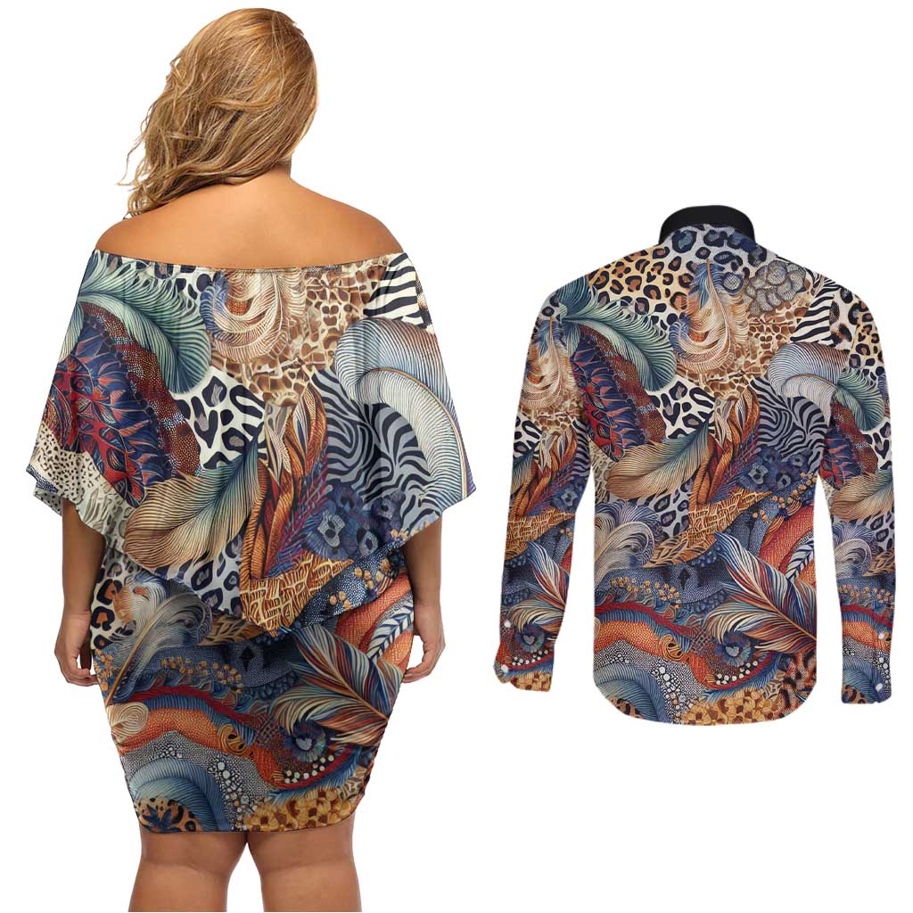 Wild Animal Skins Couples Matching Off Shoulder Short Dress and Long Sleeve Button Shirt Unique Leopard Zebra And Snake Patterns - Wonder Print Shop