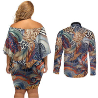 Wild Animal Skins Couples Matching Off Shoulder Short Dress and Long Sleeve Button Shirt Unique Leopard Zebra And Snake Patterns - Wonder Print Shop