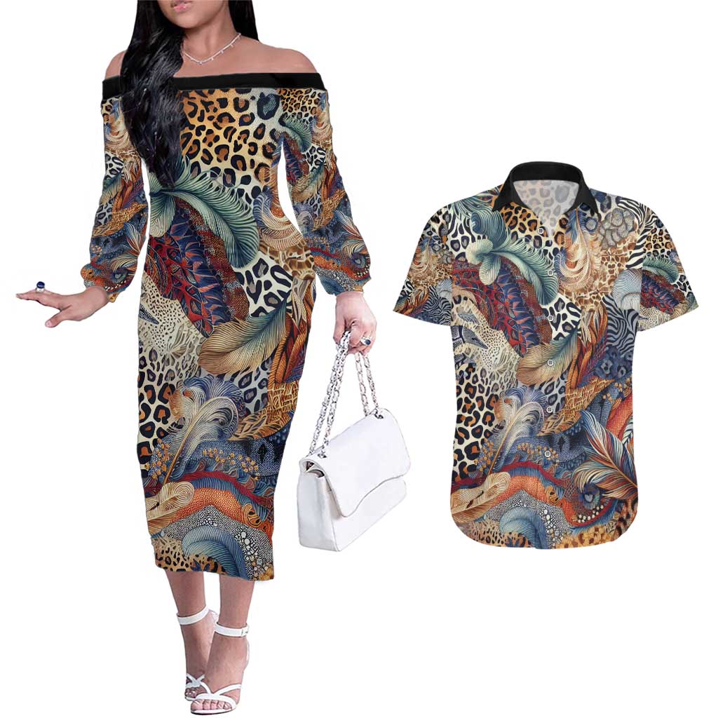 Wild Animal Skins Couples Matching Off The Shoulder Long Sleeve Dress and Hawaiian Shirt Unique Leopard Zebra And Snake Patterns - Wonder Print Shop