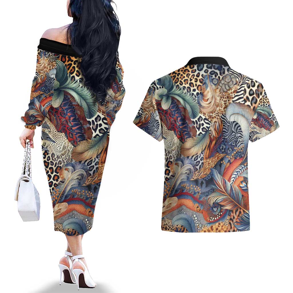 Wild Animal Skins Couples Matching Off The Shoulder Long Sleeve Dress and Hawaiian Shirt Unique Leopard Zebra And Snake Patterns - Wonder Print Shop