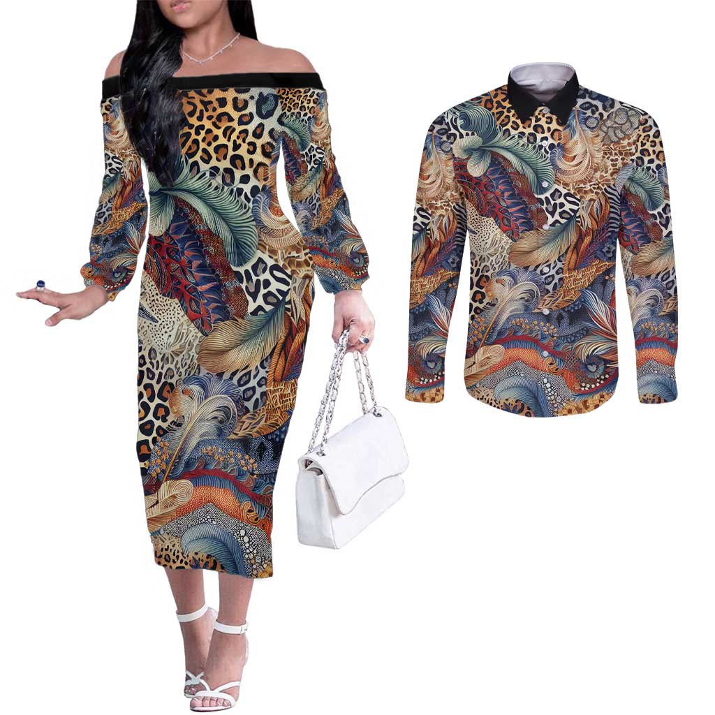 Wild Animal Skins Couples Matching Off The Shoulder Long Sleeve Dress and Long Sleeve Button Shirt Unique Leopard Zebra And Snake Patterns - Wonder Print Shop