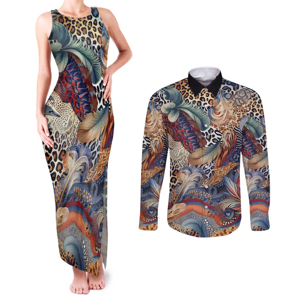 Wild Animal Skins Couples Matching Tank Maxi Dress and Long Sleeve Button Shirt Unique Leopard Zebra And Snake Patterns - Wonder Print Shop
