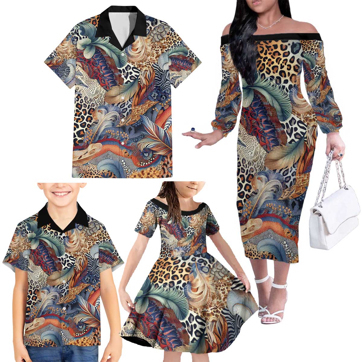 Wild Animal Skins Family Matching Off The Shoulder Long Sleeve Dress and Hawaiian Shirt Unique Leopard Zebra And Snake Patterns - Wonder Print Shop