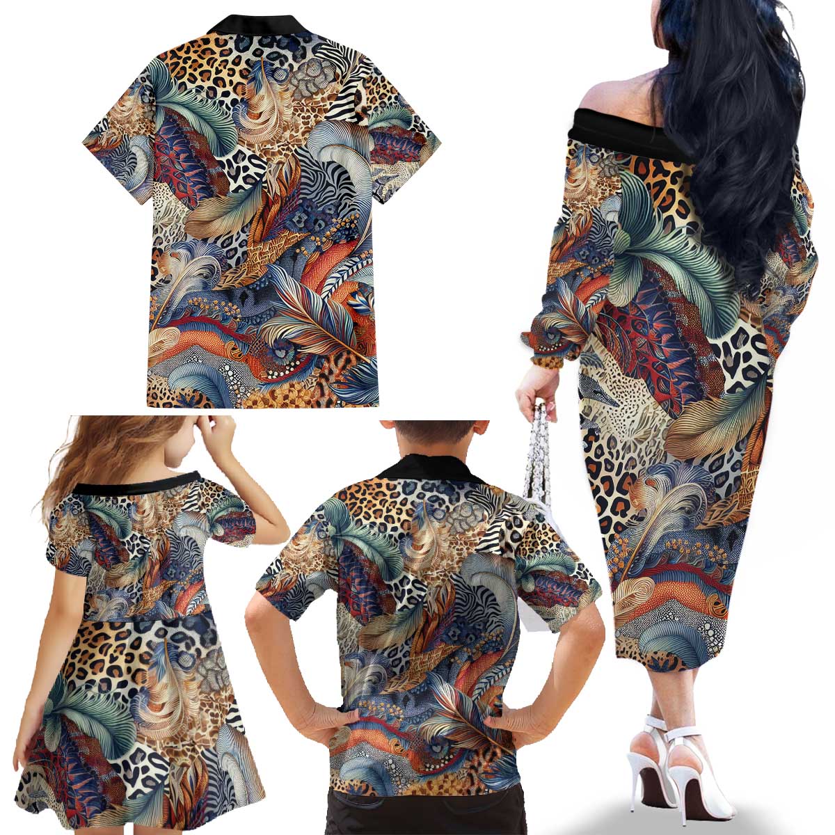 Wild Animal Skins Family Matching Off The Shoulder Long Sleeve Dress and Hawaiian Shirt Unique Leopard Zebra And Snake Patterns - Wonder Print Shop