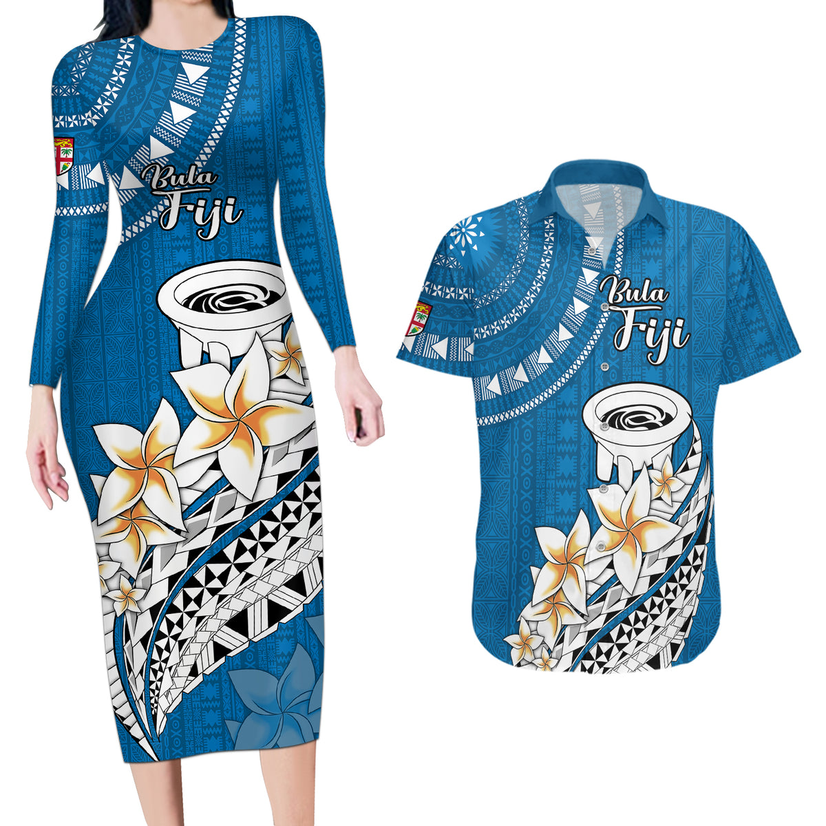 Bula Fiji Couples Matching Long Sleeve Bodycon Dress and Hawaiian Shirt Kava Bowl Tapa Tribal LT9 - Wonder Print Shop