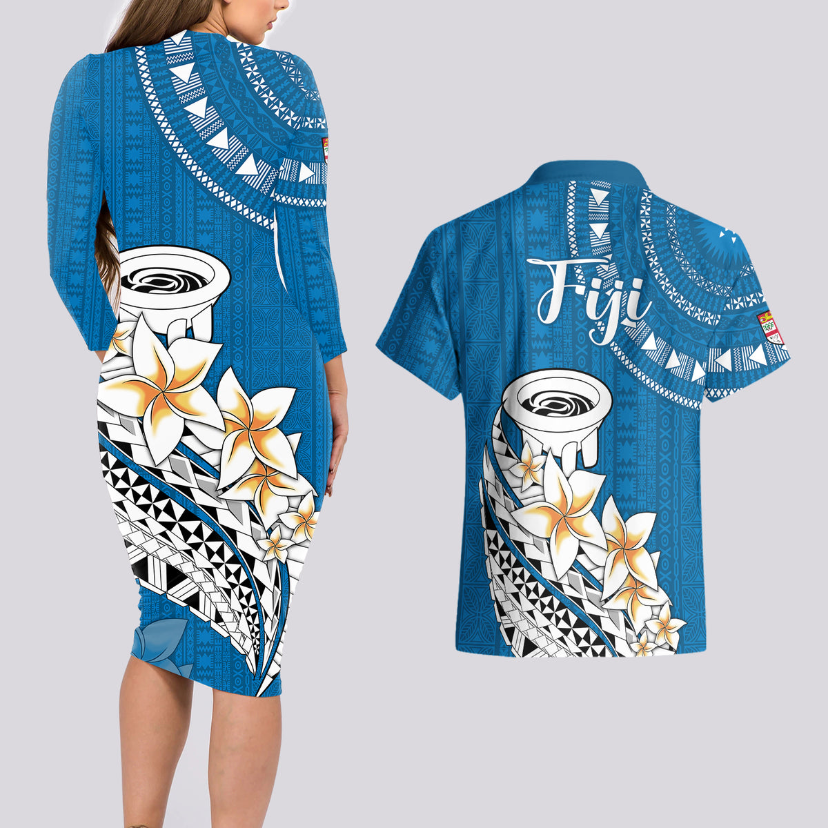 Bula Fiji Couples Matching Long Sleeve Bodycon Dress and Hawaiian Shirt Kava Bowl Tapa Tribal LT9 - Wonder Print Shop