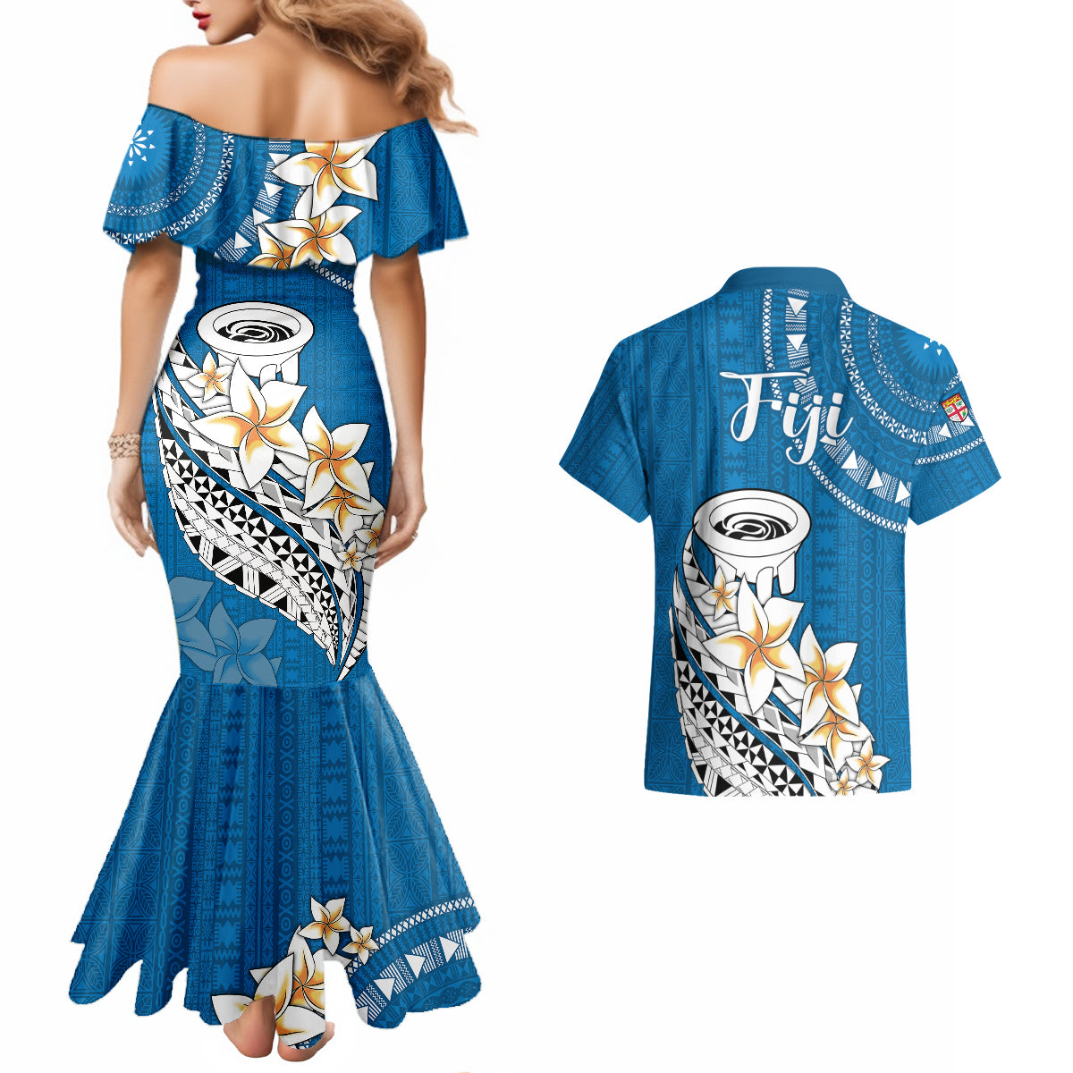 Bula Fiji Couples Matching Mermaid Dress and Hawaiian Shirt Kava Bowl Tapa Tribal LT9 - Wonder Print Shop