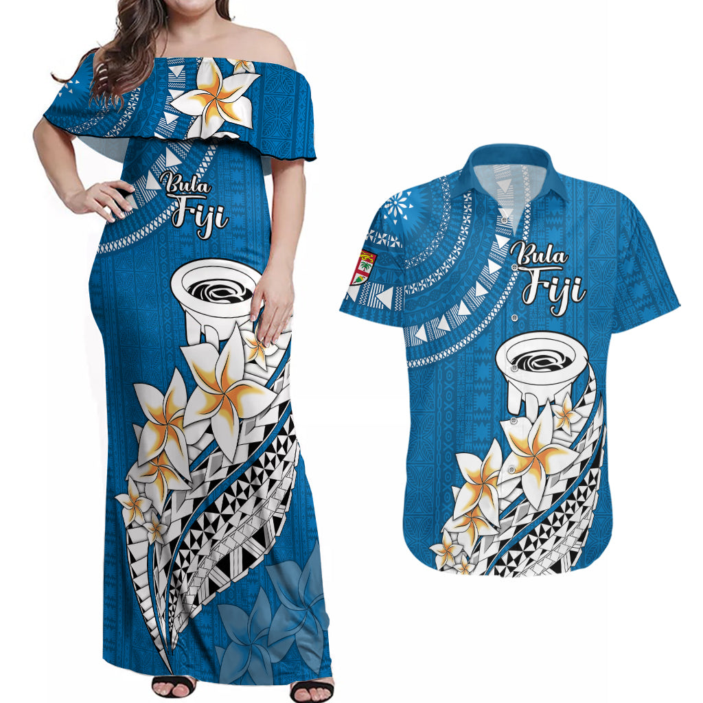 Bula Fiji Couples Matching Off Shoulder Maxi Dress and Hawaiian Shirt Kava Bowl Tapa Tribal LT9 - Wonder Print Shop