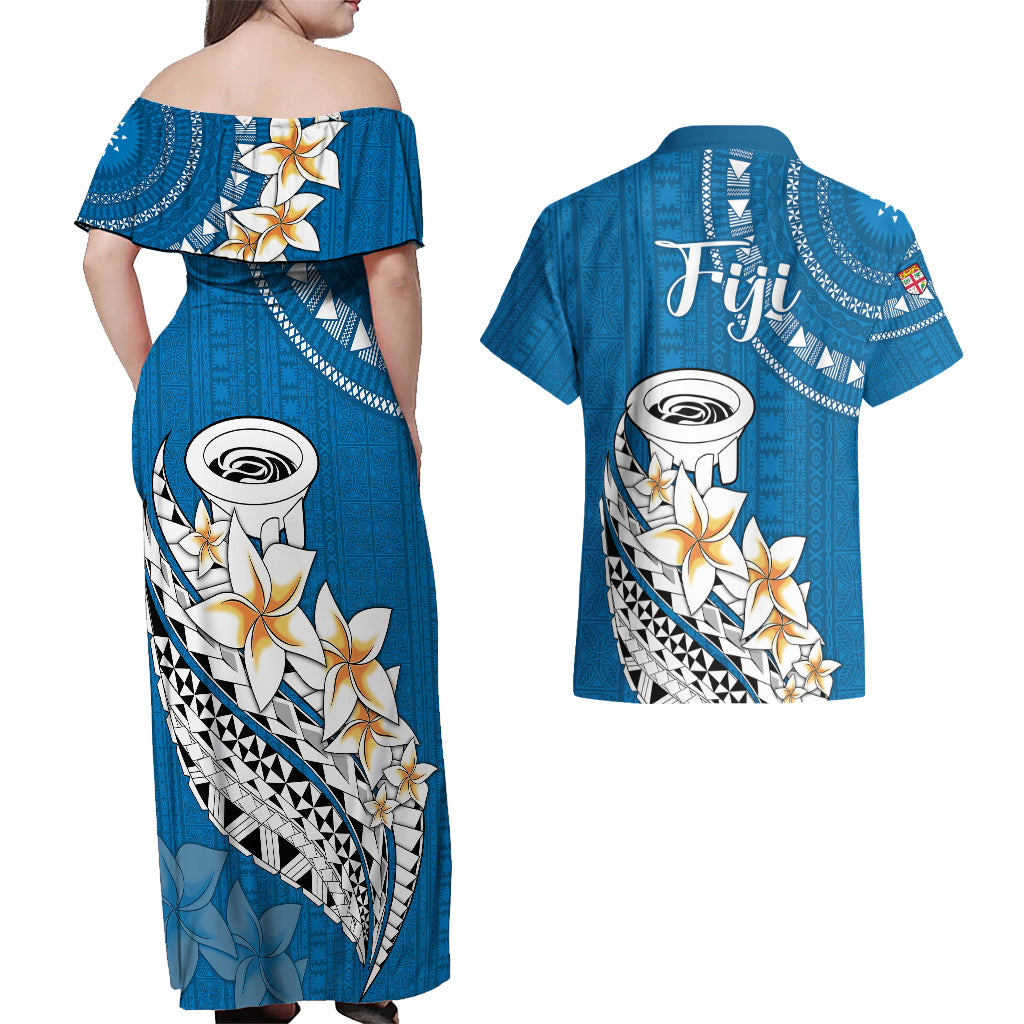 Bula Fiji Couples Matching Off Shoulder Maxi Dress and Hawaiian Shirt Kava Bowl Tapa Tribal LT9 - Wonder Print Shop