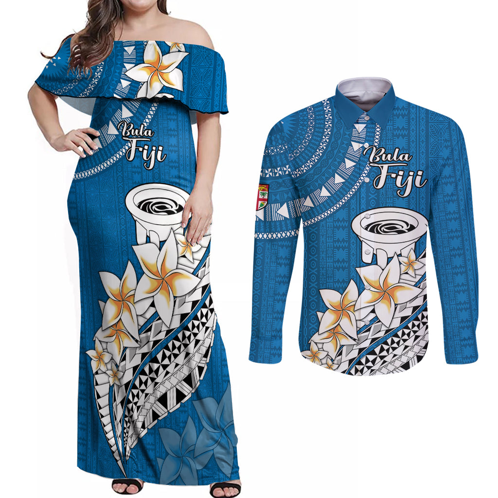 Bula Fiji Couples Matching Off Shoulder Maxi Dress and Long Sleeve Button Shirts Kava Bowl Tapa Tribal LT9 - Wonder Print Shop