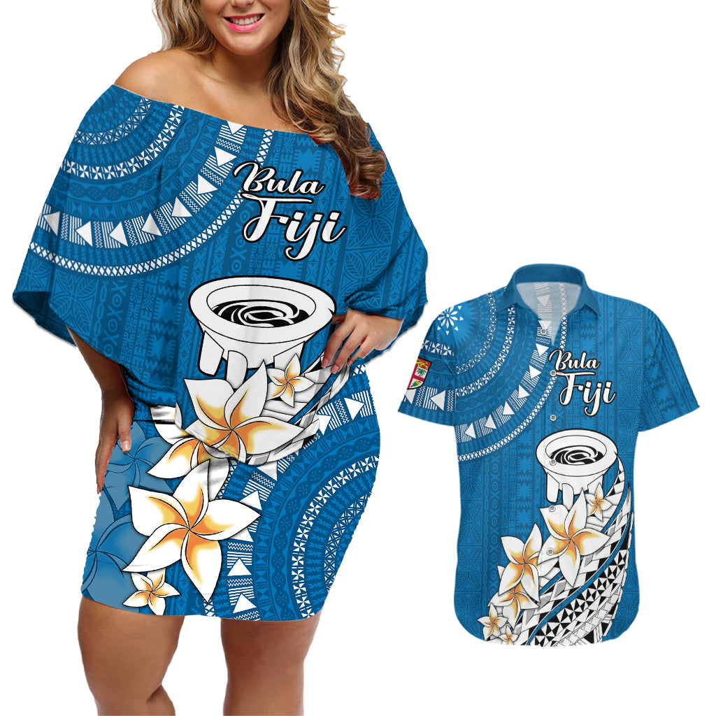 Bula Fiji Couples Matching Off Shoulder Short Dress and Hawaiian Shirt Kava Bowl Tapa Tribal LT9 - Wonder Print Shop