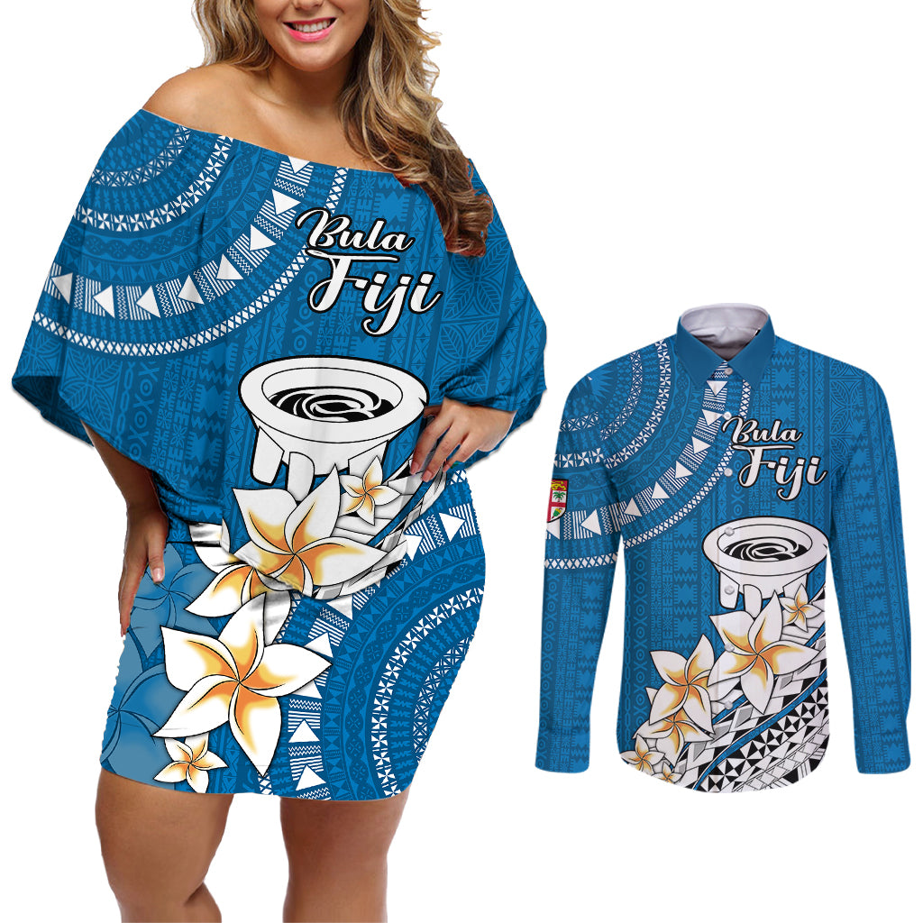 Bula Fiji Couples Matching Off Shoulder Short Dress and Long Sleeve Button Shirts Kava Bowl Tapa Tribal LT9 - Wonder Print Shop