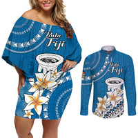 Bula Fiji Couples Matching Off Shoulder Short Dress and Long Sleeve Button Shirts Kava Bowl Tapa Tribal LT9 - Wonder Print Shop