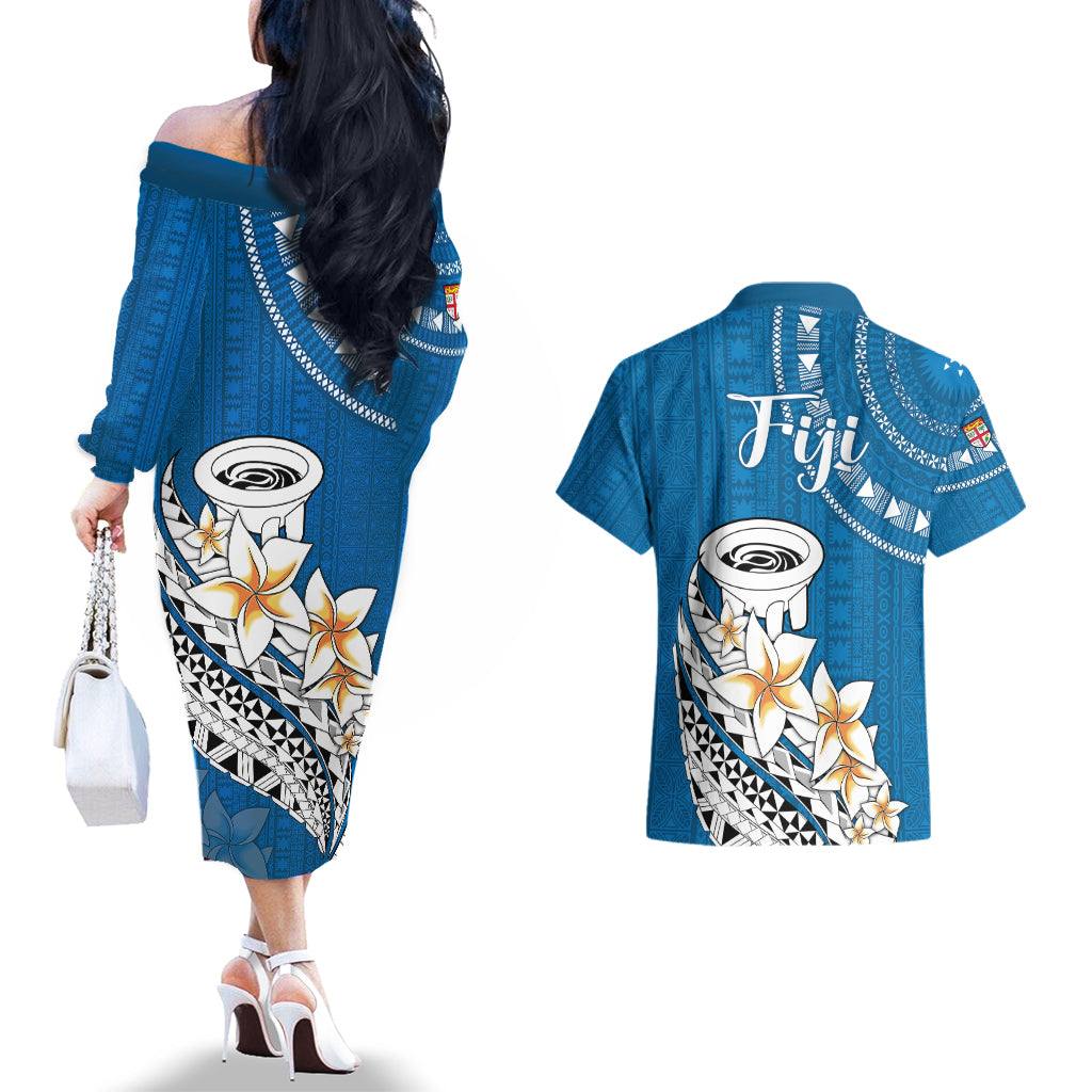 Bula Fiji Couples Matching Off The Shoulder Long Sleeve Dress and Hawaiian Shirt Kava Bowl Tapa Tribal LT9 - Wonder Print Shop