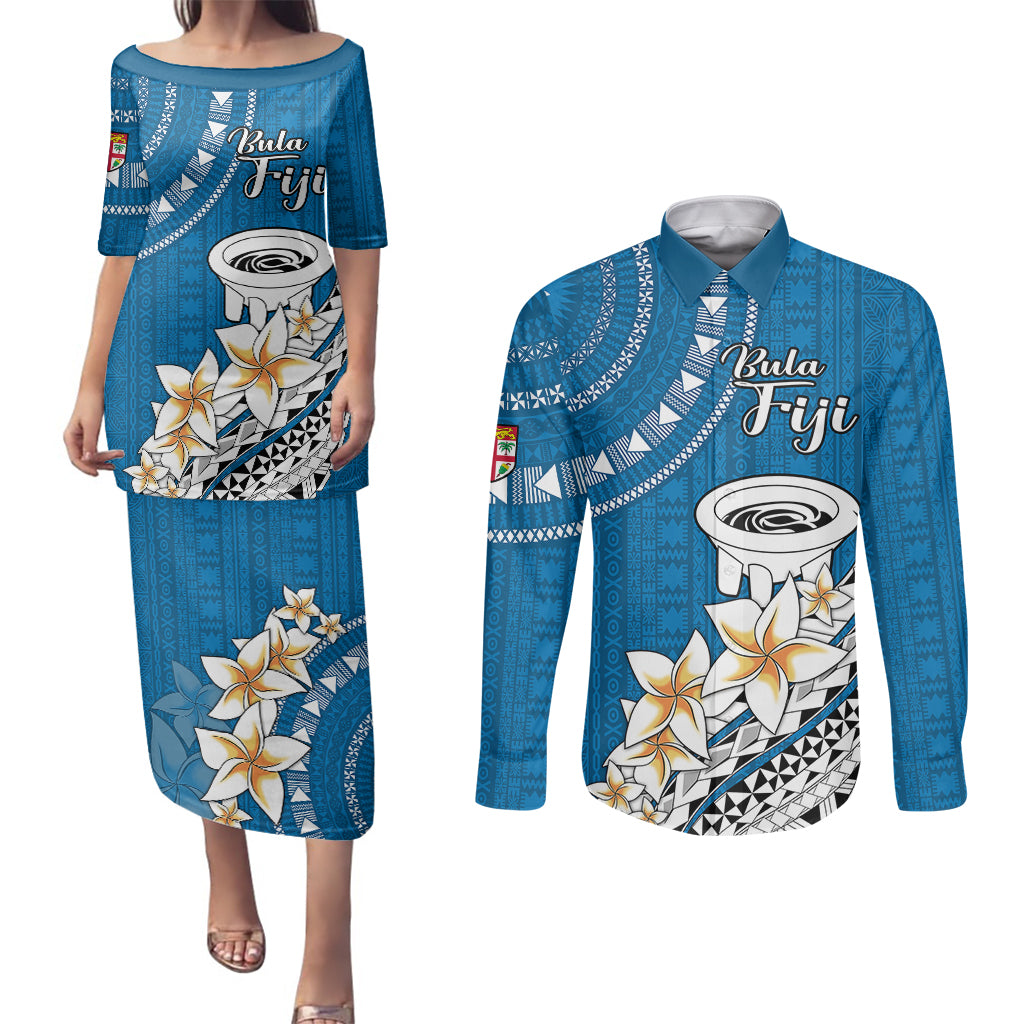 Bula Fiji Couples Matching Puletasi Dress and Long Sleeve Button Shirts Kava Bowl Tapa Tribal LT9 - Wonder Print Shop