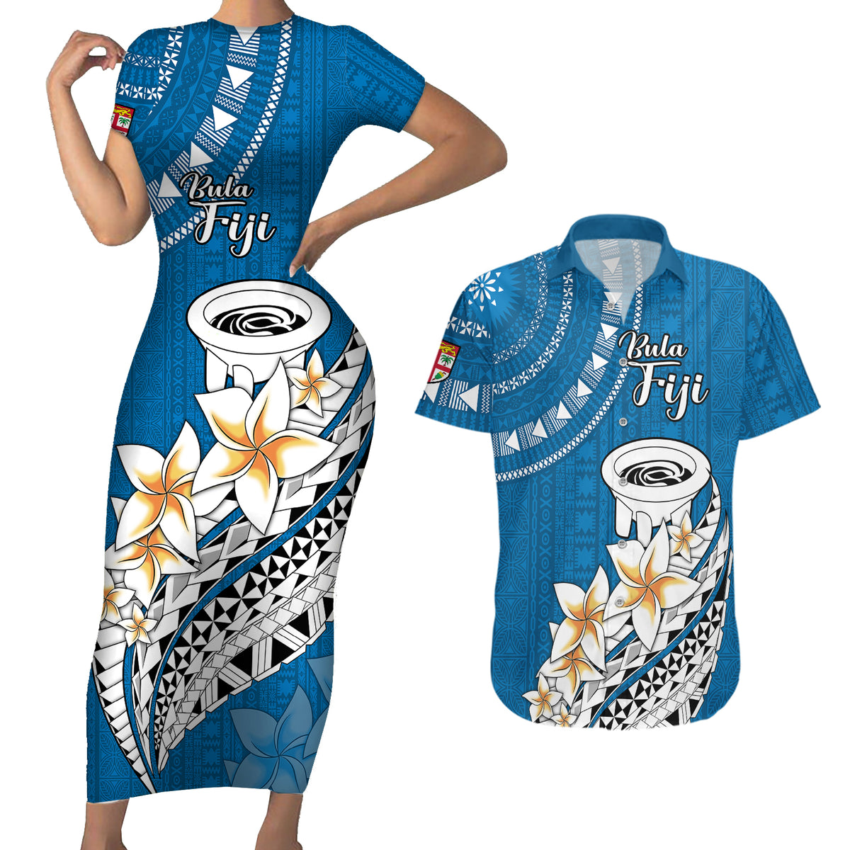 Bula Fiji Couples Matching Short Sleeve Bodycon Dress and Hawaiian Shirt Kava Bowl Tapa Tribal LT9 - Wonder Print Shop