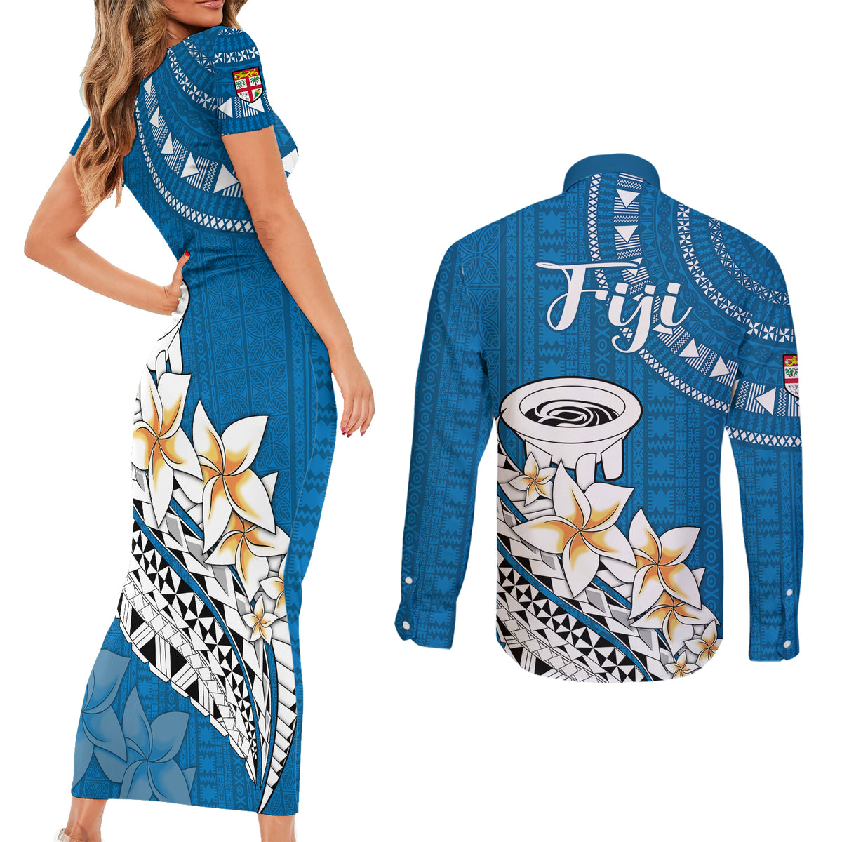 Bula Fiji Couples Matching Short Sleeve Bodycon Dress and Long Sleeve Button Shirts Kava Bowl Tapa Tribal LT9 - Wonder Print Shop