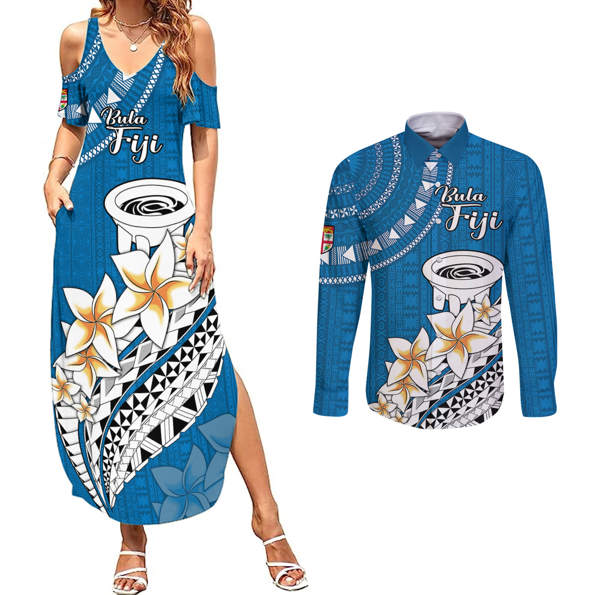 Bula Fiji Couples Matching Summer Maxi Dress and Long Sleeve Button Shirts Kava Bowl Tapa Tribal LT9 - Wonder Print Shop