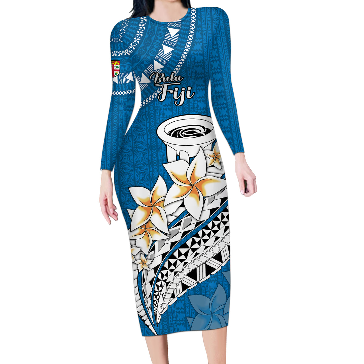 Bula Fiji Long Sleeve Bodycon Dress Kava Bowl Tapa Tribal - Wonder Print Shop