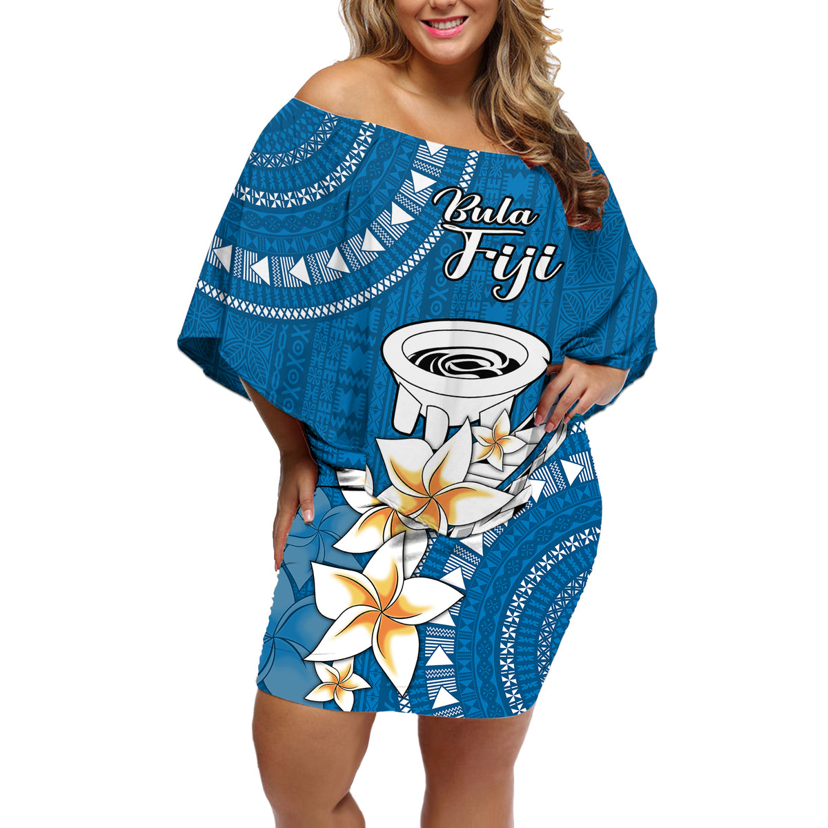 Bula Fiji Off Shoulder Short Dress Kava Bowl Tapa Tribal - Wonder Print Shop