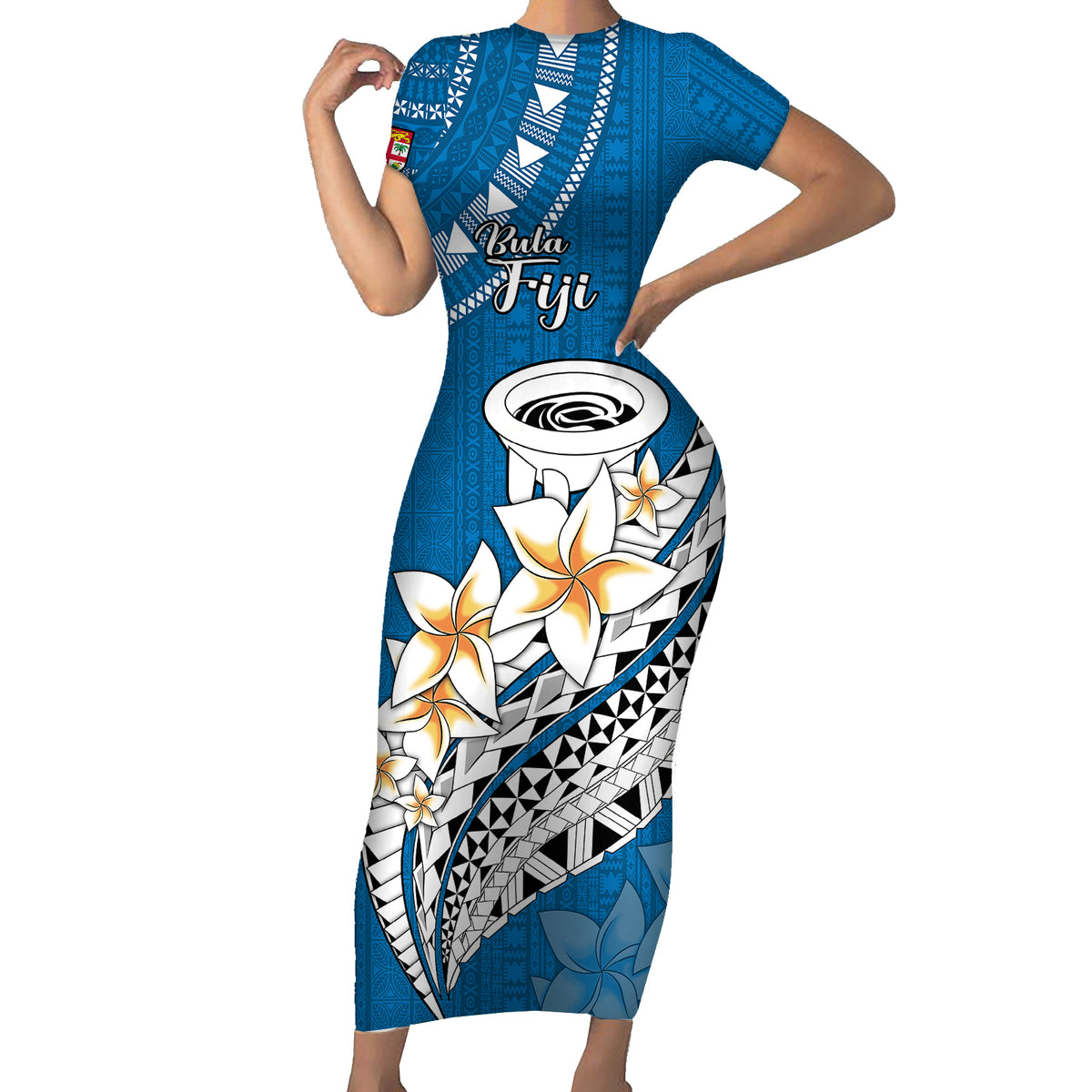 Bula Fiji Short Sleeve Bodycon Dress Kava Bowl Tapa Tribal - Wonder Print Shop