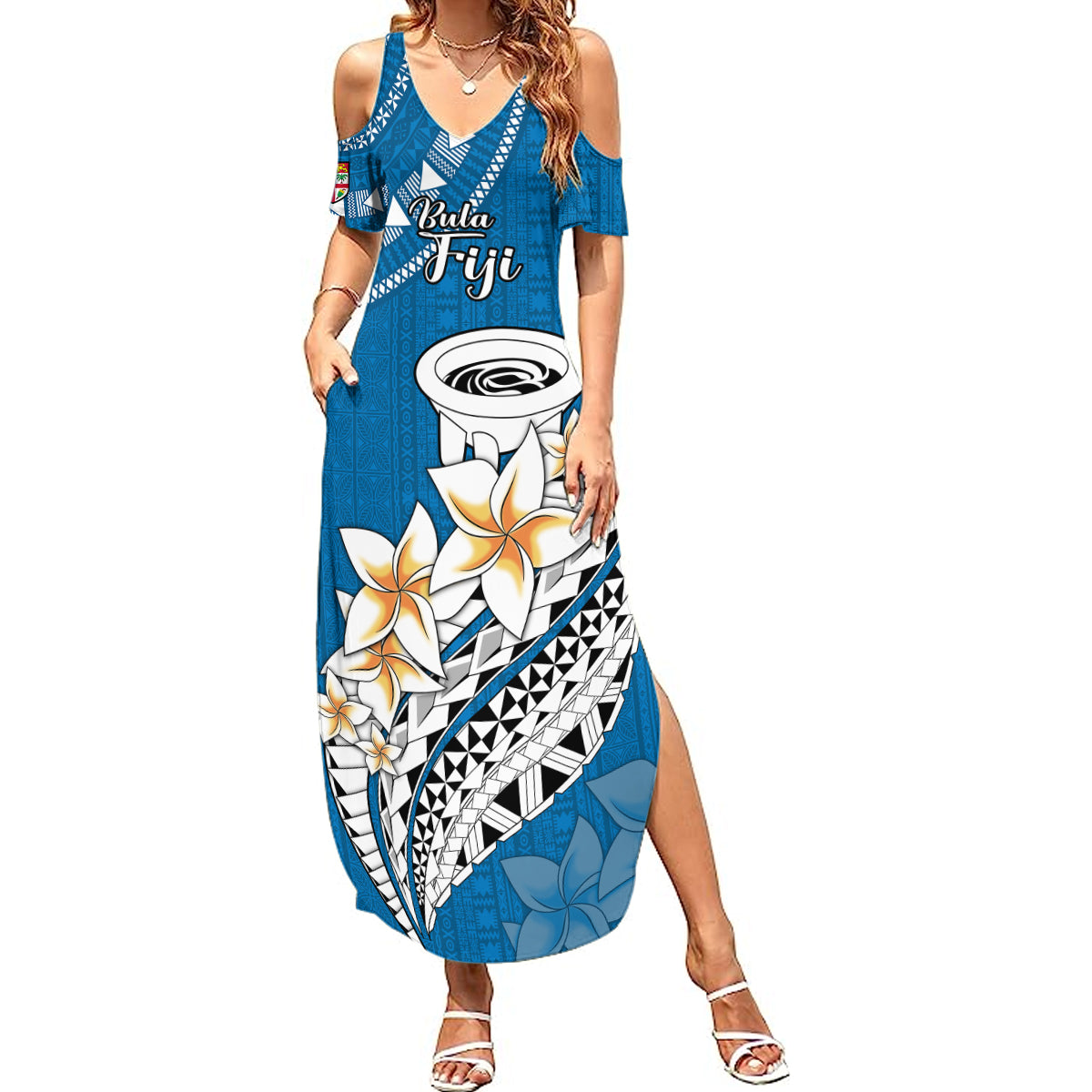 Bula Fiji Summer Maxi Dress Kava Bowl Tapa Tribal - Wonder Print Shop