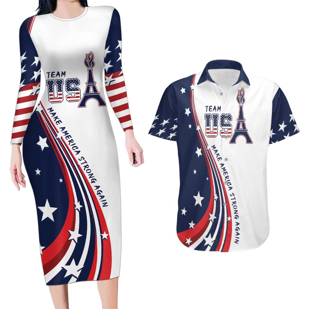 Personalized USA Make America Strong Again Couples Matching Long Sleeve Bodycon Dress and Hawaiian Shirt Go Paris 2024 LT9 - Wonder Print Shop