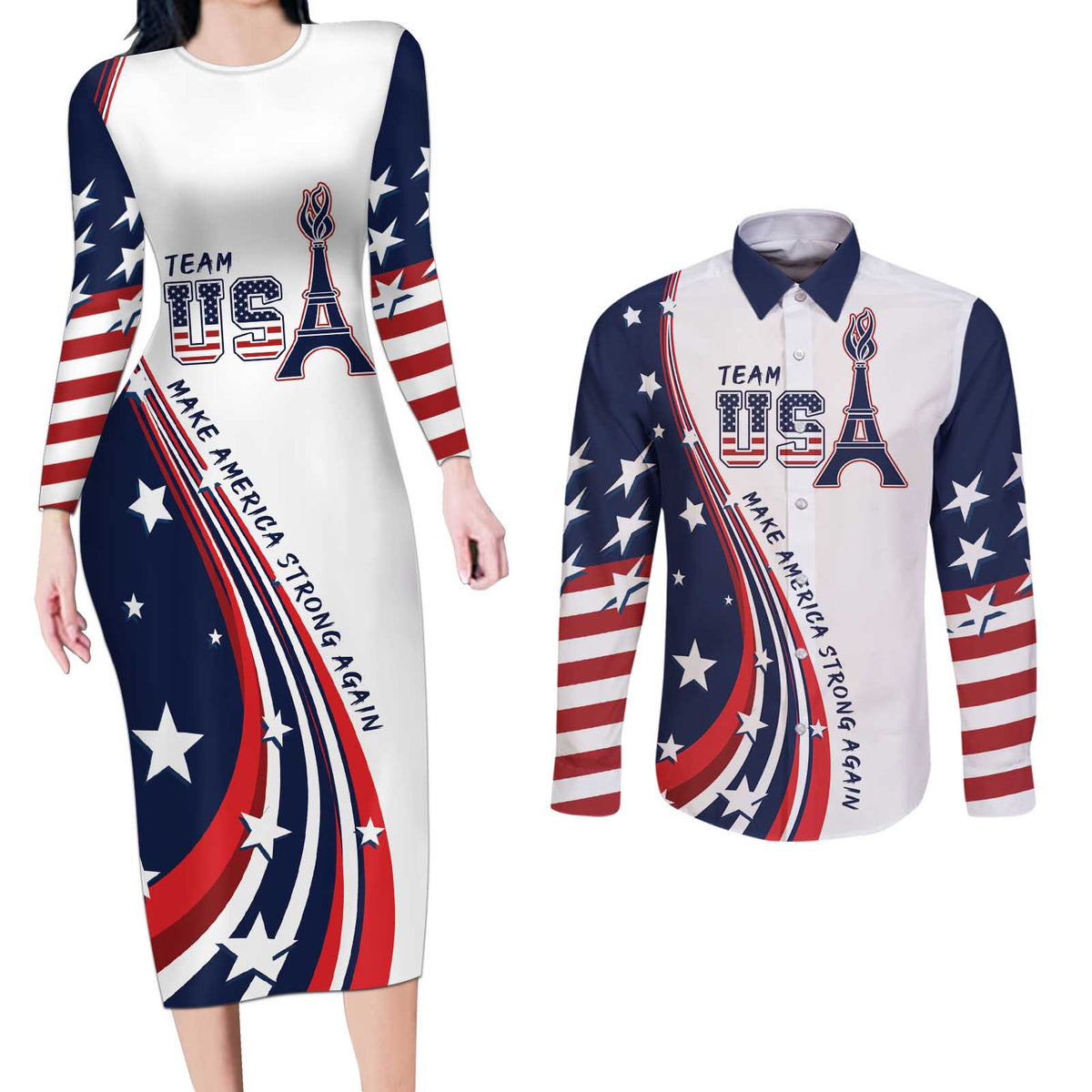 Personalized USA Make America Strong Again Couples Matching Long Sleeve Bodycon Dress and Long Sleeve Button Shirt Go Paris 2024 LT9 - Wonder Print Shop