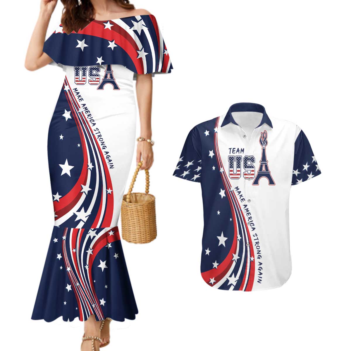 Personalized USA Make America Strong Again Couples Matching Mermaid Dress and Hawaiian Shirt Go Paris 2024 LT9 - Wonder Print Shop
