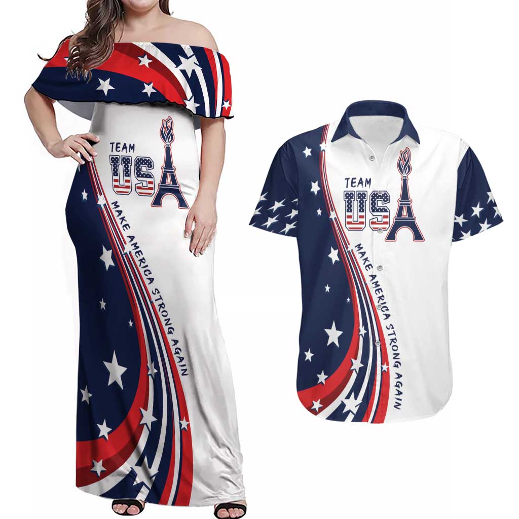 Personalized USA Make America Strong Again Couples Matching Off Shoulder Maxi Dress and Hawaiian Shirt Go Paris 2024 LT9 - Wonder Print Shop