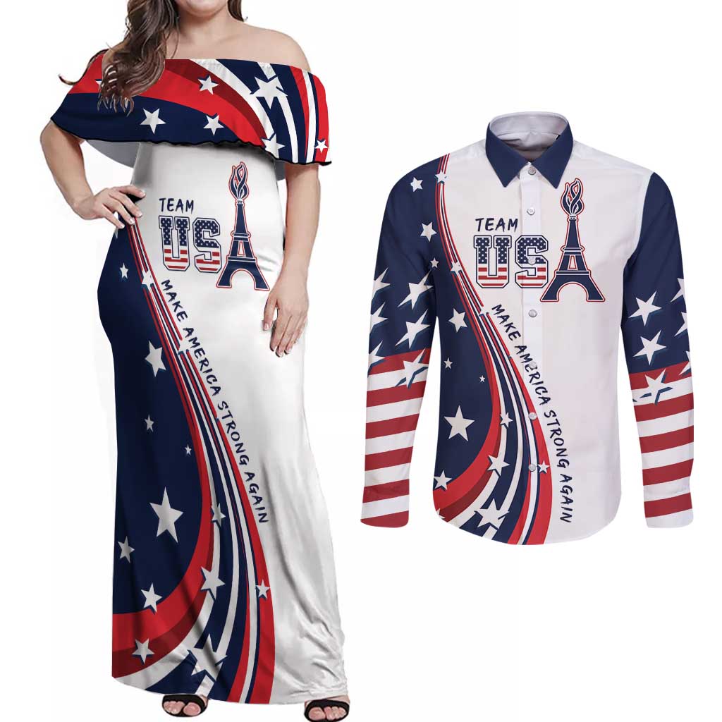 Personalized USA Make America Strong Again Couples Matching Off Shoulder Maxi Dress and Long Sleeve Button Shirt Go Paris 2024 LT9 - Wonder Print Shop