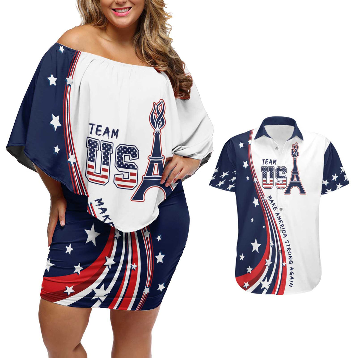 Personalized USA Make America Strong Again Couples Matching Off Shoulder Short Dress and Hawaiian Shirt Go Paris 2024 LT9 - Wonder Print Shop