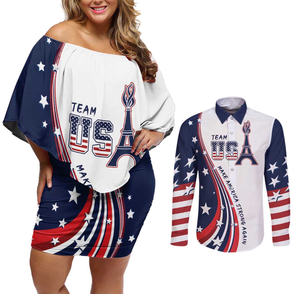 Personalized USA Make America Strong Again Couples Matching Off Shoulder Short Dress and Long Sleeve Button Shirt Go Paris 2024 LT9 - Wonder Print Shop