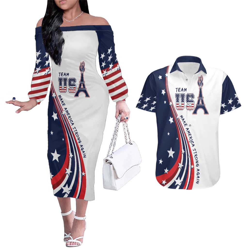 Personalized USA Make America Strong Again Couples Matching Off The Shoulder Long Sleeve Dress and Hawaiian Shirt Go Paris 2024 LT9 - Wonder Print Shop