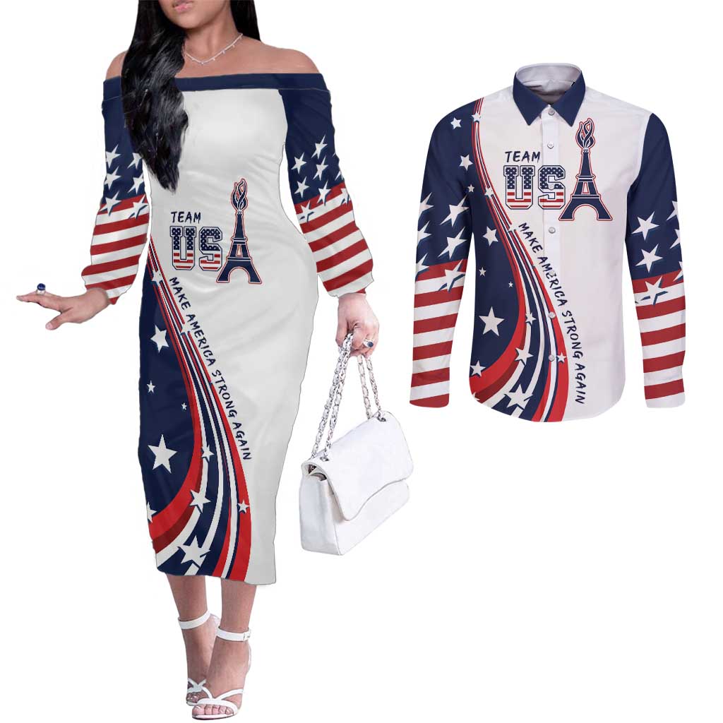 Personalized USA Make America Strong Again Couples Matching Off The Shoulder Long Sleeve Dress and Long Sleeve Button Shirt Go Paris 2024