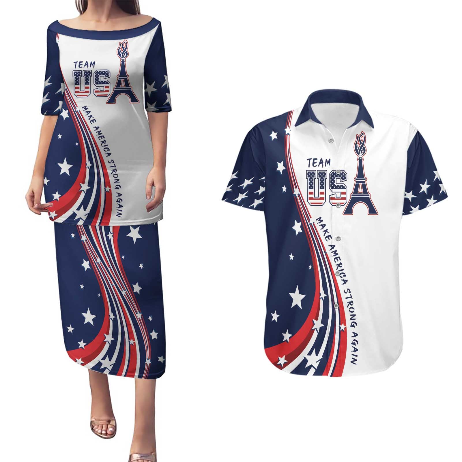 Personalized USA Make America Strong Again Couples Matching Puletasi and Hawaiian Shirt Go Paris 2024 LT9 - Wonder Print Shop