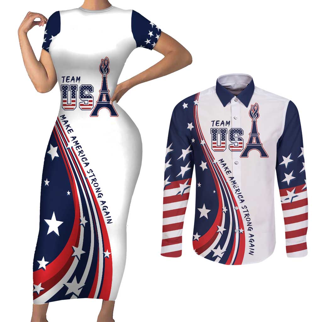 Personalized USA Make America Strong Again Couples Matching Short Sleeve Bodycon Dress and Long Sleeve Button Shirt Go Paris 2024 LT9 - Wonder Print Shop