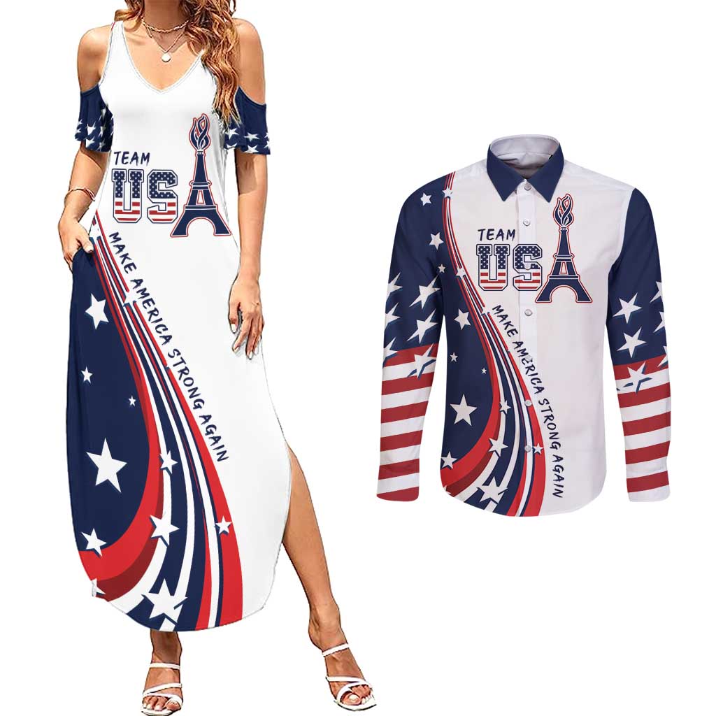 Personalized USA Make America Strong Again Couples Matching Summer Maxi Dress and Long Sleeve Button Shirt Go Paris 2024 LT9 - Wonder Print Shop