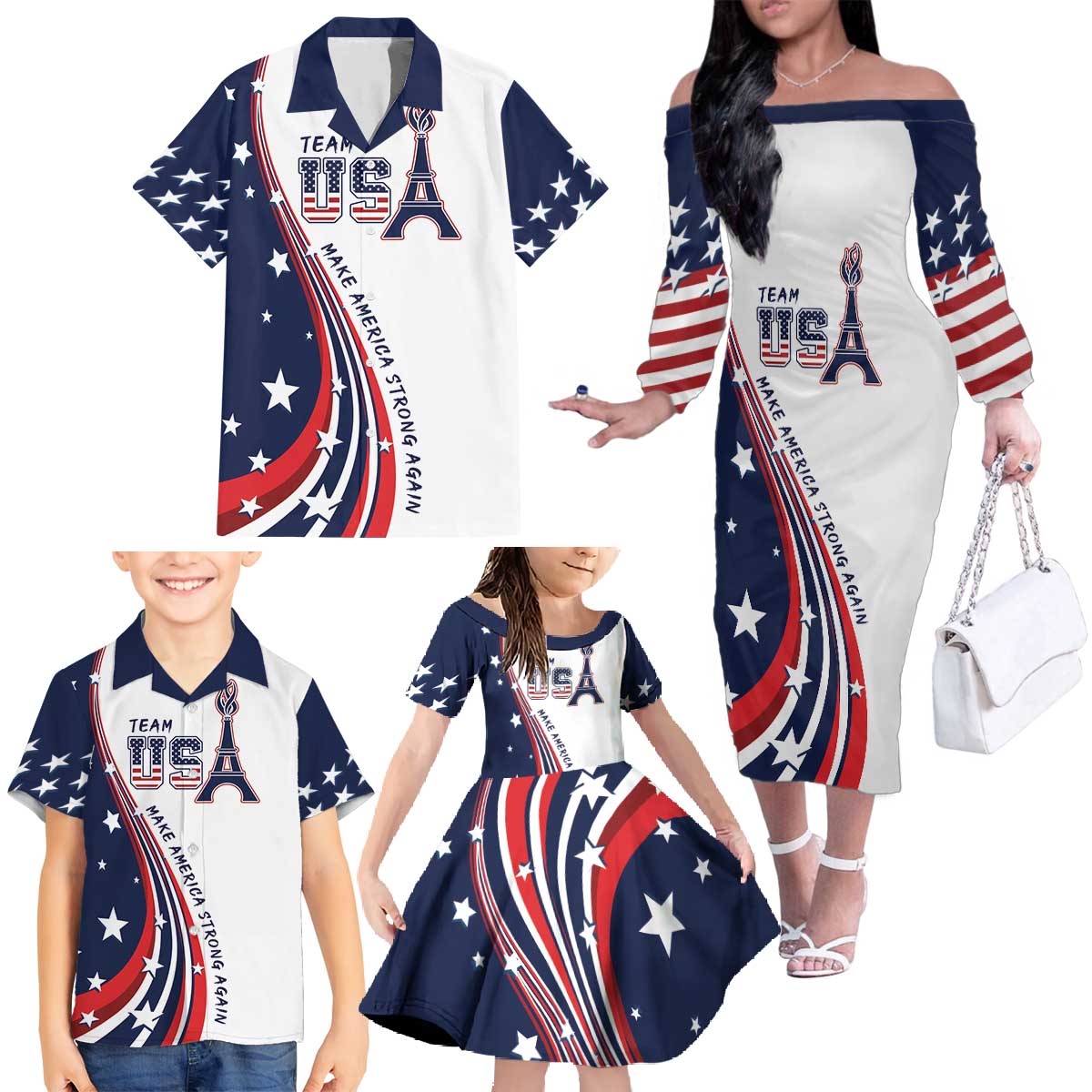 Personalized USA Make America Strong Again Family Matching Off The Shoulder Long Sleeve Dress and Hawaiian Shirt Go Paris 2024 - Wonder Print Shop
