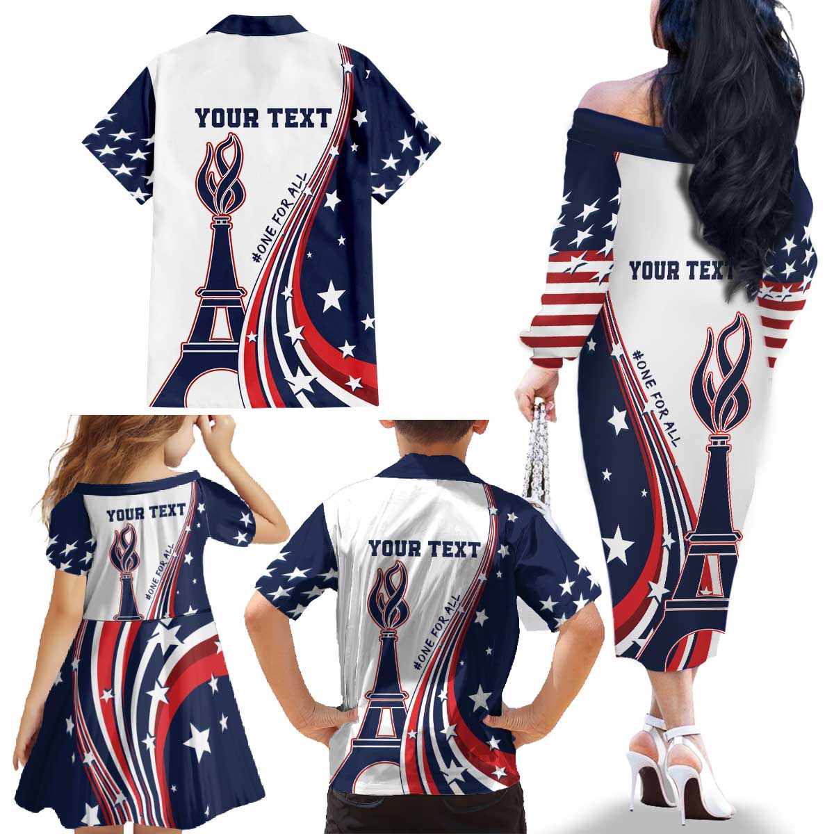 Personalized USA Make America Strong Again Family Matching Off The Shoulder Long Sleeve Dress and Hawaiian Shirt Go Paris 2024 - Wonder Print Shop