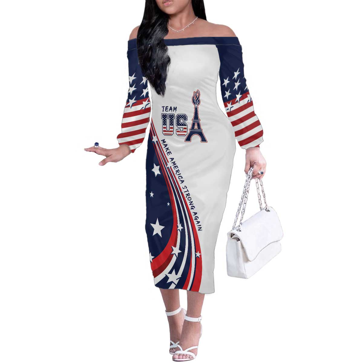 Personalized USA Make America Strong Again Family Matching Off The Shoulder Long Sleeve Dress and Hawaiian Shirt Go Paris 2024 - Wonder Print Shop
