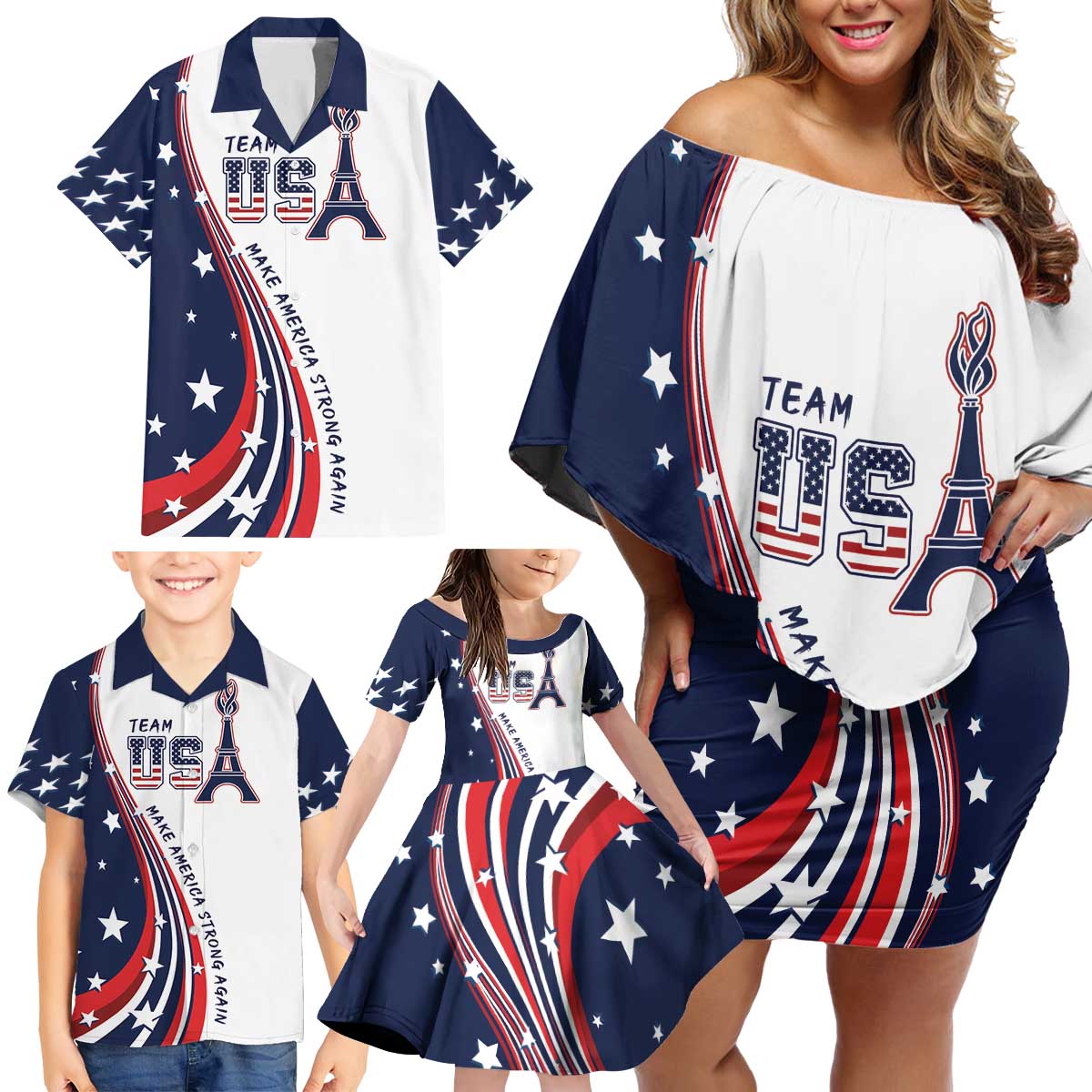 Personalized USA Make America Strong Again Family Matching Off Shoulder Short Dress and Hawaiian Shirt Go Paris 2024 LT9 - Wonder Print Shop