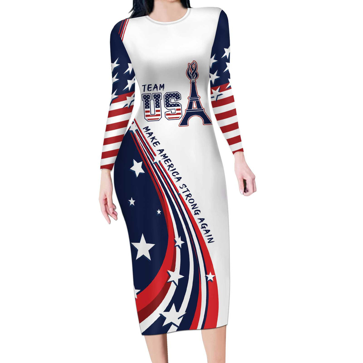 Personalized USA Make America Strong Again Long Sleeve Bodycon Dress Go Paris 2024 - Wonder Print Shop